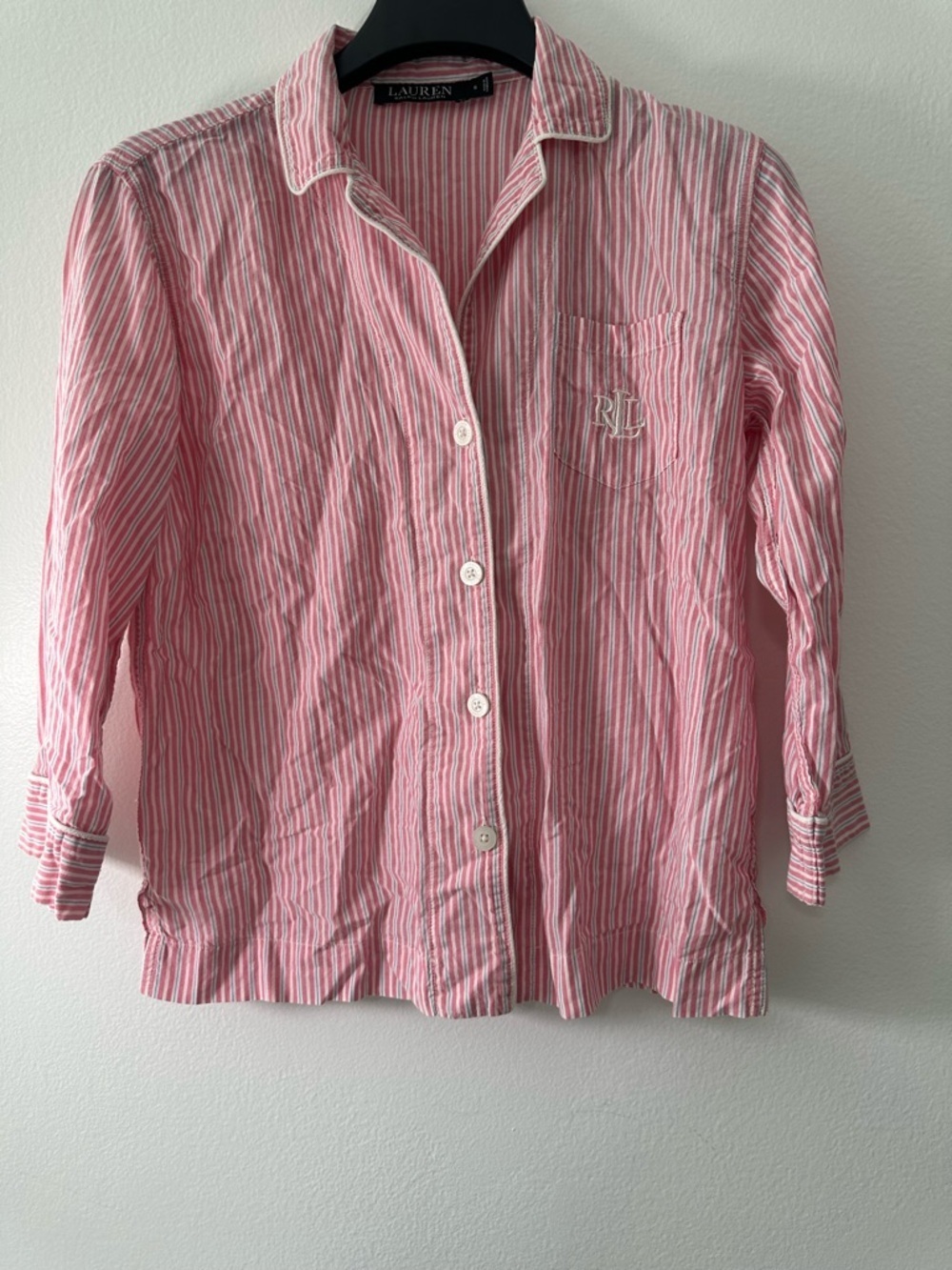 Lauren Ralph Lauren Pajama Top Striped Pink White Blue RL Logo Size S